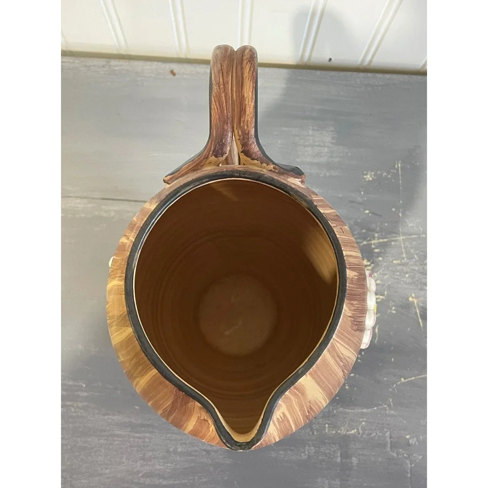 Vintage Hand Painted Italy Ceramic Floral Pitcher Brown‎ Wood Grain 3D Daisy Jug